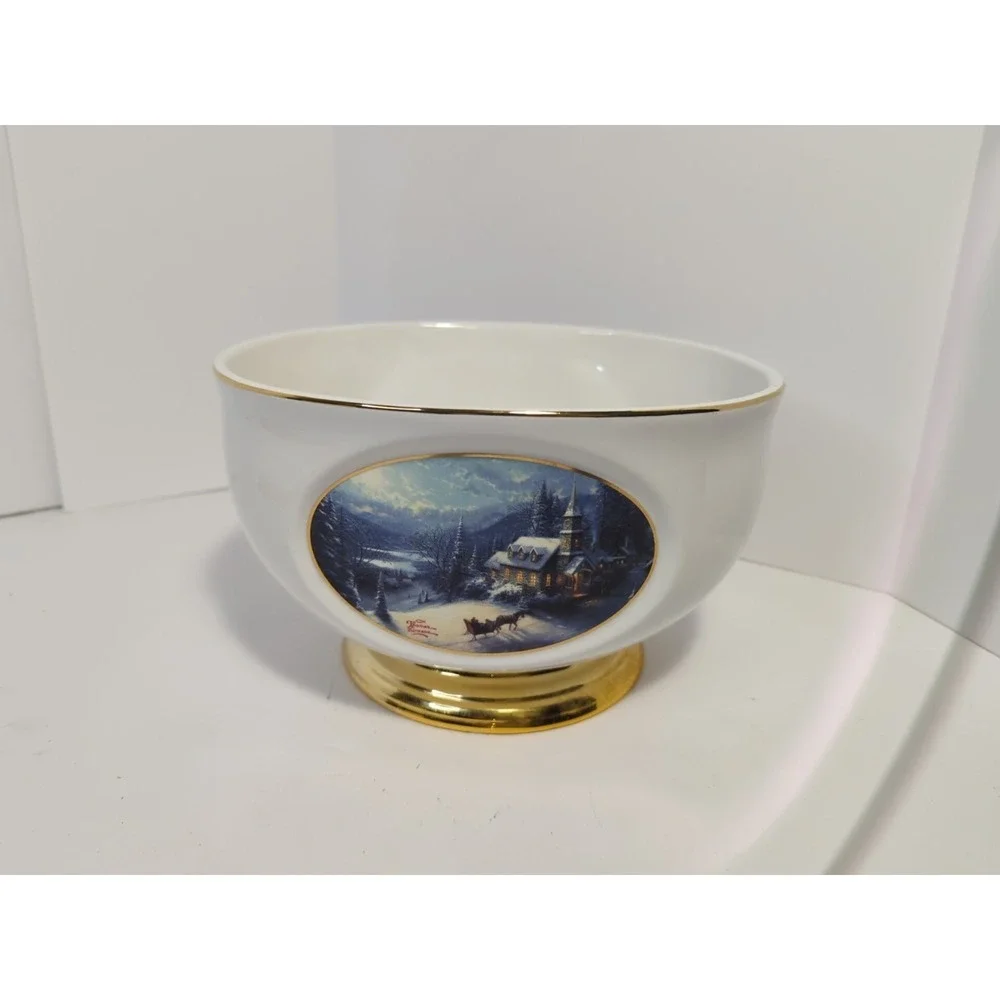 Thomas Kinkade Sunday Evening Sleigh Ride Bowl - Christmas Porcelain Teleflora